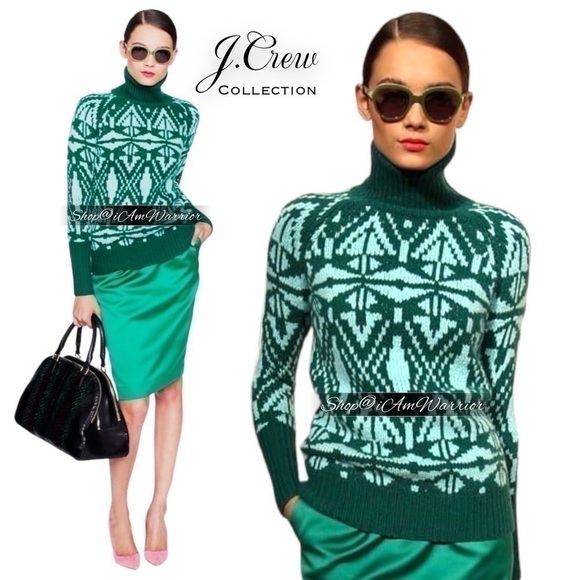 J.Crew Collection pine/aqua multiply 100% cashmere fairisle turtleneck sweater - Picture 5 of 15